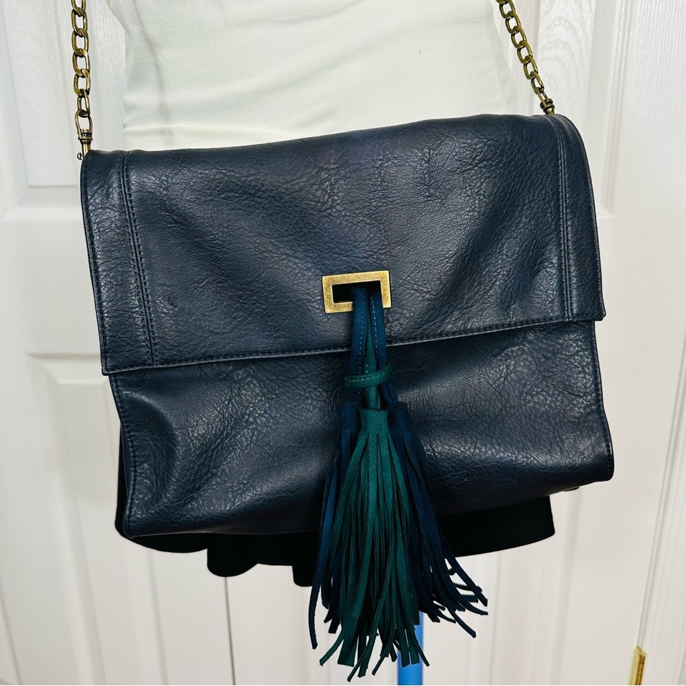 ANTHROPOLOGIE clutch bag SHOULDER BAG or CROSSBODY chain strap tassels blue bag